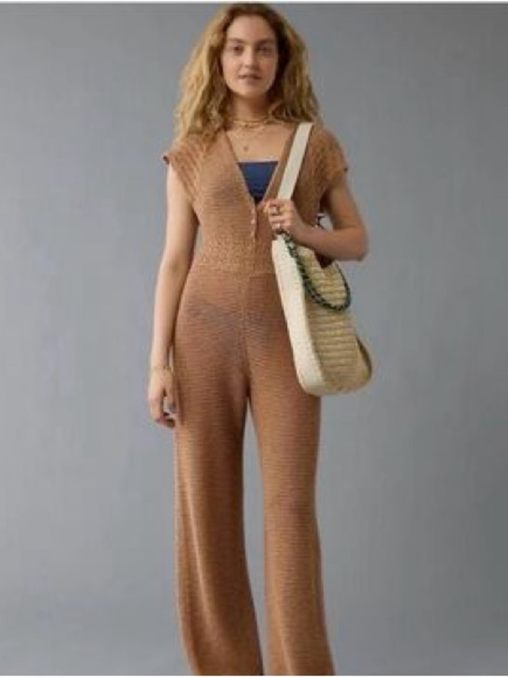 American Eagle Tan Crochet Knit Wide Leg Jumpsuit